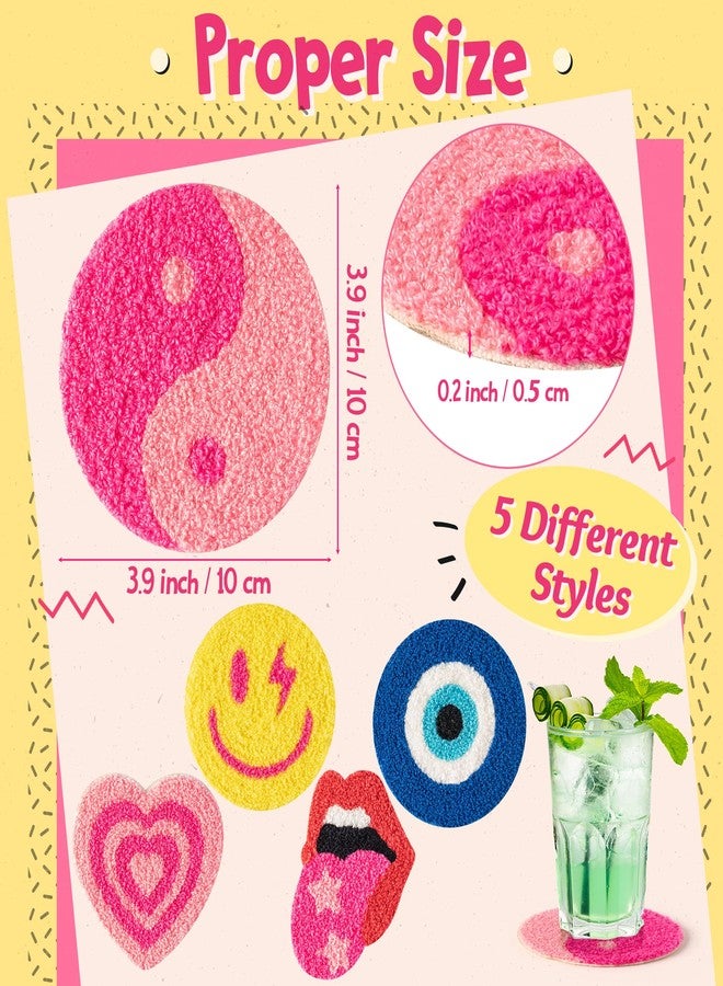 A1diee 5Pcs Preppy Boho Tufted Coasters Smile Evil Eye Lip Love Yin-yang Drink Coasters Pink Yellow Y2K Pastel Rug Cup Mat Pad for Kitchen Desk Home Coffee Table Accessories Birthday Housewarming Gift - Image 2